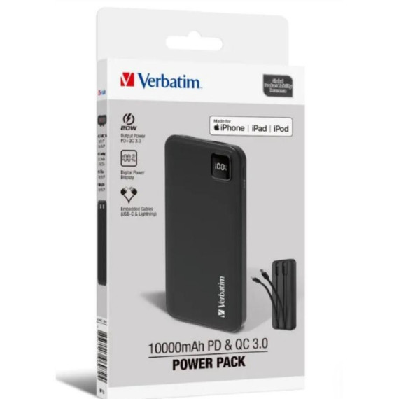 Verbatim 10000mAh PD 3.0 和 QC 3.0 流動充電池 (連嵌入式充電線)